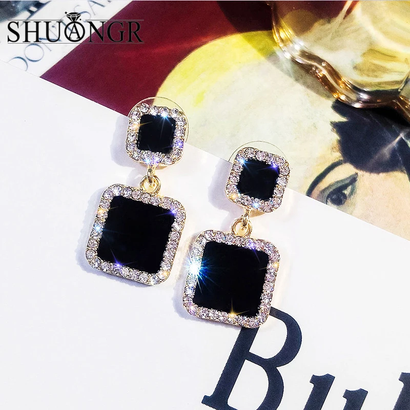 

SHUANGR Black Square Geometric Earrings Statement Earrings For Women Crystal Luxury Wedding Rhinestone Earring Gold Color
