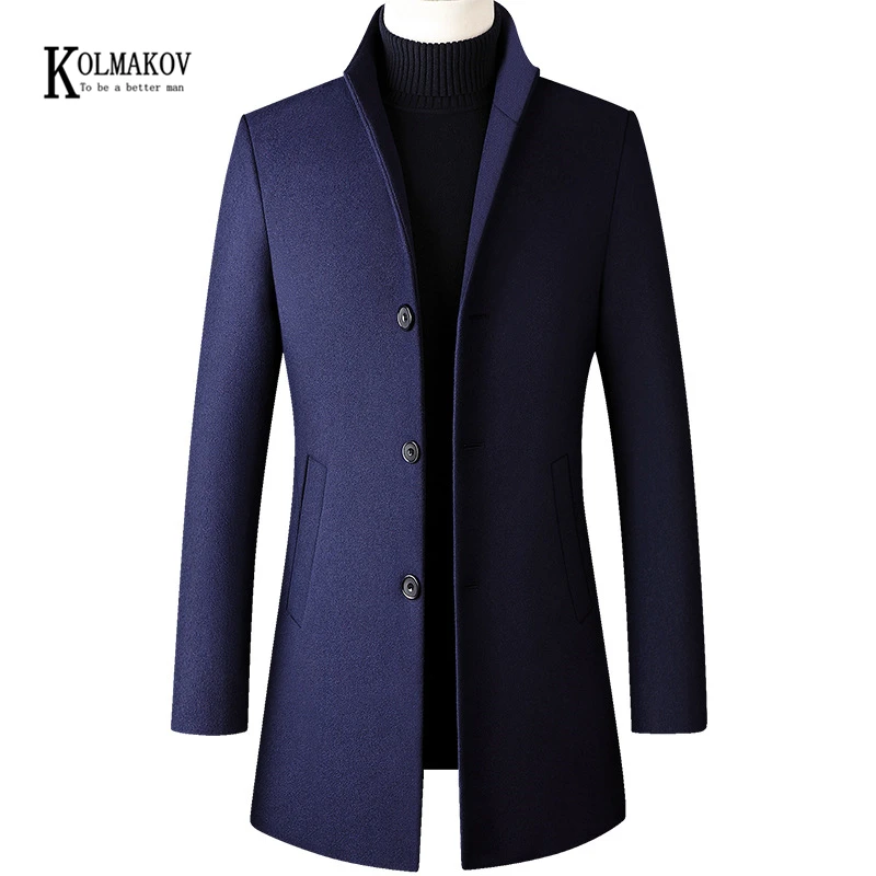KOLMAKOV Autumn/Winter New British Style Solid Men Long Woolen Coat Slim Fit Wine Red Black Navy Blue Gray Overcoat Male 4XL | Мужская