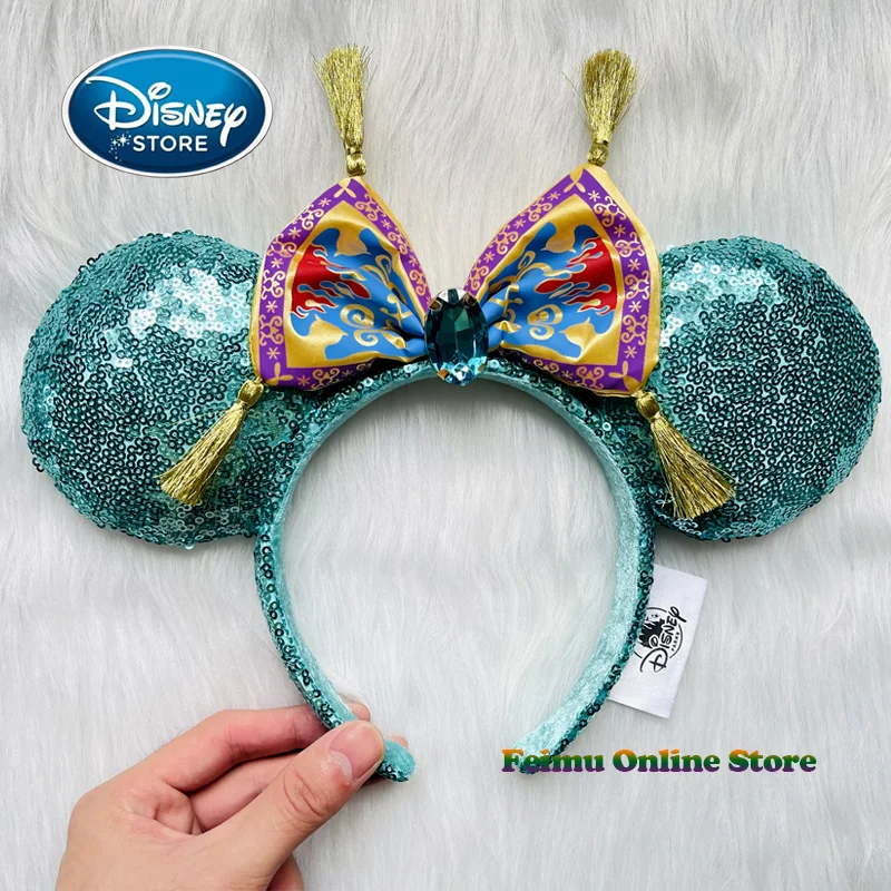 

Disney Aladdin Movie Magic Carpet Headband Jasmine Mickey Ears Disneyland Cartoon Tassel Mint Green Gem Headwear Decoration Gift