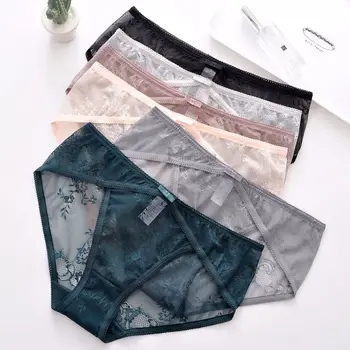 

Sexy Transparent Mesh Hollow-out Low-Rise Ladies Briefs Retro Floral Lace Silky Women Underpants Embroidery Female Lingerie