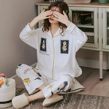 

Long-sleeved Pajamas Cotton Suit Leisure Tops Cartoon Suit Women's Shantou Pajamas Cute Women's Spring and Autumn Summer Knitted