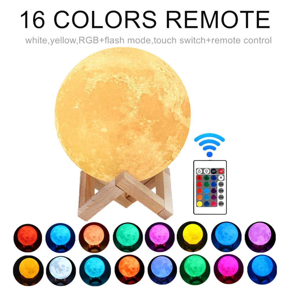 TWO 3D Moon Night Light Table Lamps USB Charging Remote Touch Control Home Gift 