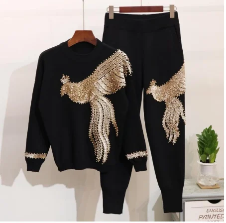New Style Double Phoenix Diamond Two-Piece African Large Size Women's Round Neck Blouse + Trousers Fashion High Stretch Suit |