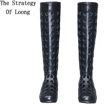 

Summer Simple Fashion Women Genuine Leather Hollow Knee-High Long Boots Ladies Thick Heels Hole Boots Black White 20200226
