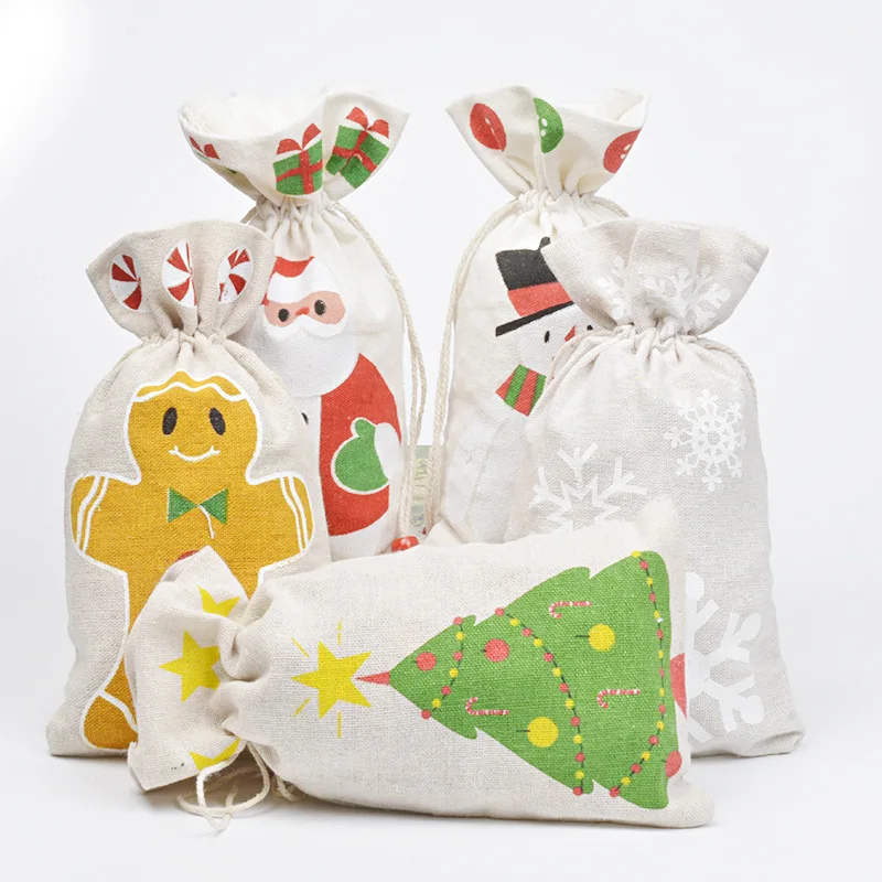 

10pcs Chrismtas Snowman Santa Claus Printed Candy Gift Bags Halloween Cotton Linen Drawstring Gift Storage Bag Mixed Color Pouch