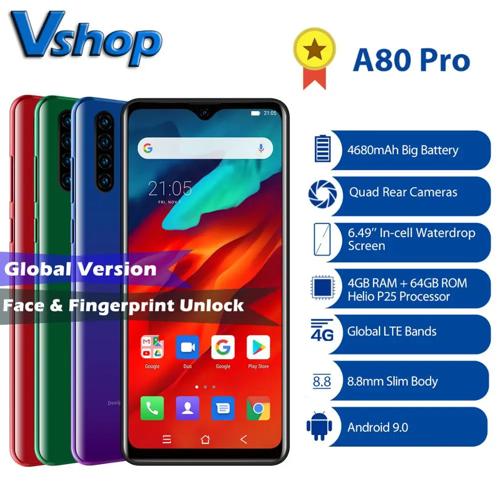 Blackview A80 Pro, глобальная версия, 4 Гб+ 64 ГБ, 4680 мА/ч, мобильный телефон, четырехъярусная камера заднего вида, 6,49 ', дроп, мобильный телефон, 4G, мобильный смартфон