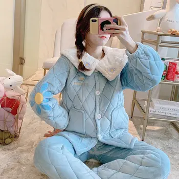 

Thickening Quilted Cotton Solid Color Flannel Winter Homewear 2XL Plus Size Velvet Pajamas Women Long Sleeve Nightwear Warm Coat