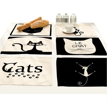 

Cartoon Animals Table Coasters Mat Pad White Black Cat Printed Cloth Table Mat Cup Decorative Table Mats Linen Placemat Pattern
