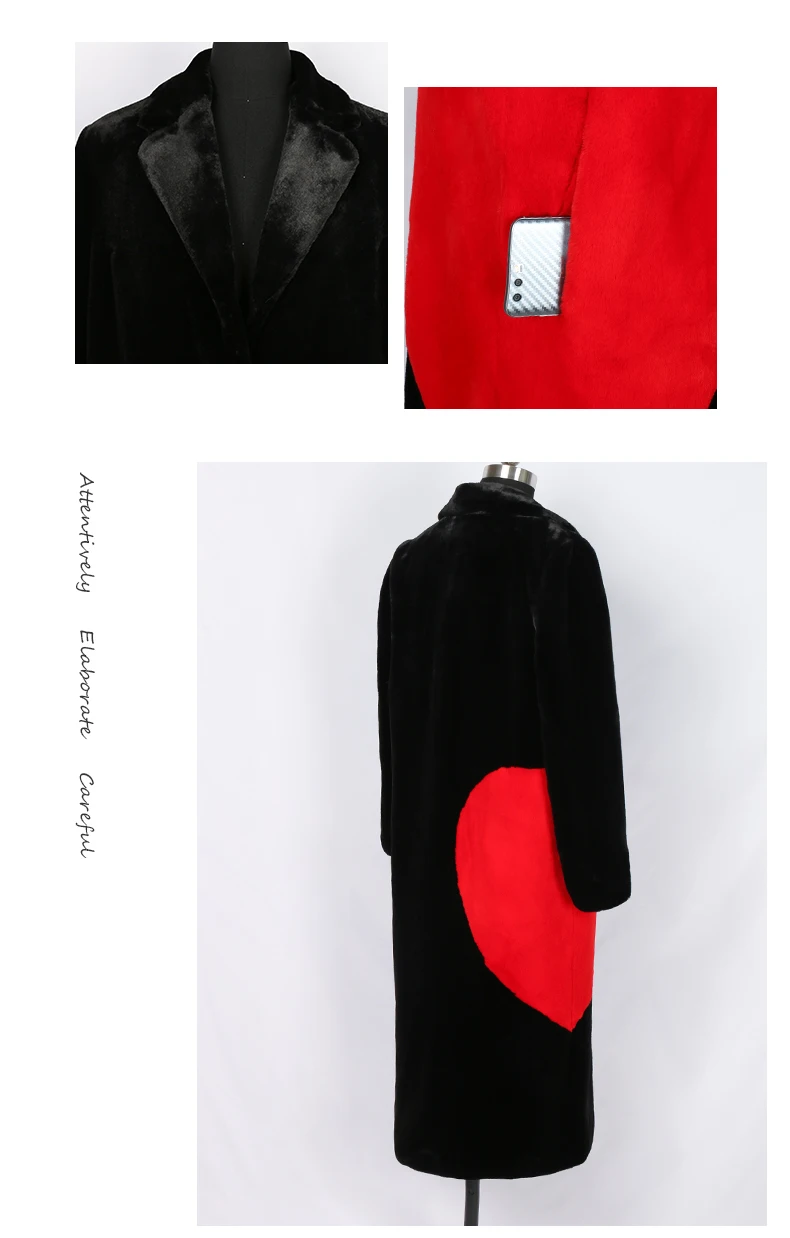 Nerazzurri/зимнее черное длинное пальто из искусственного меха с красными сердечками, с длинными рукавами, с вырезами отворотом,теплая пушистая куртка шуба из искусственного меха большого размера пальто из экомеха 7xl