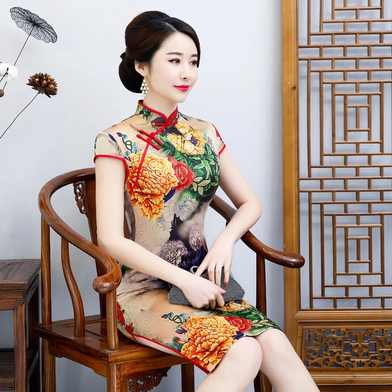 Летнее новое классическое вечернее платье Cheongsam Новинка винтажная пуговица цветок Атлас элегантное женское Qipao Плюс 4XL Vestidos