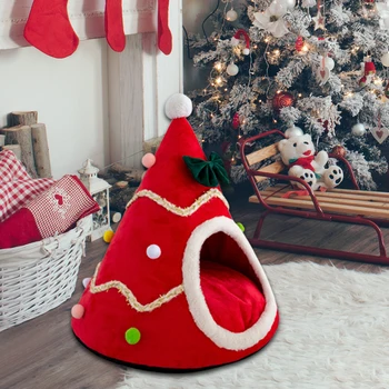

Year Decor Dog Cat Soft Warm Nest Bed Sleeping Bed Plush Cat Cushion Nest Christmas Tree Shape Pet Dog Cat Cave House