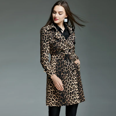 Leopard Осеннее новое пальто для женщин с длинным рукавом леопардовая двубортная Длинная ветровка мода плюс размер тонкое женское пальто - Цвет: Leopard