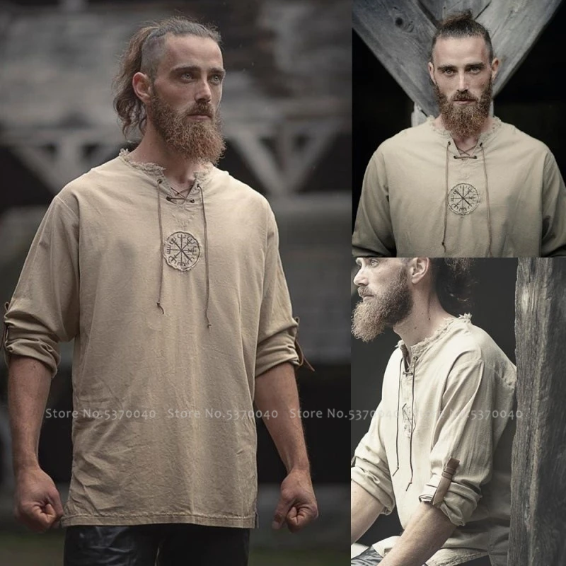

Medieval Viking Pirate Saxon T-Shirt Cosplay Cosplay Knight Tunic Men Jackets Vintage Halloween Carnival Party Tee Tops Blouse