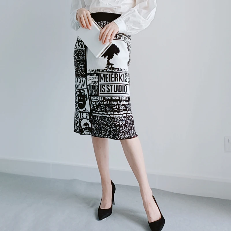 НОВАЯ Трикотажная юбка до колена с высокой талией прямые эластичные винтажные демисезонные юбки для женщин с разрезом черные