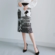 НОВАЯ Трикотажная юбка до колена с высокой талией прямые эластичные винтажные демисезонные юбки для женщин с разрезом черные