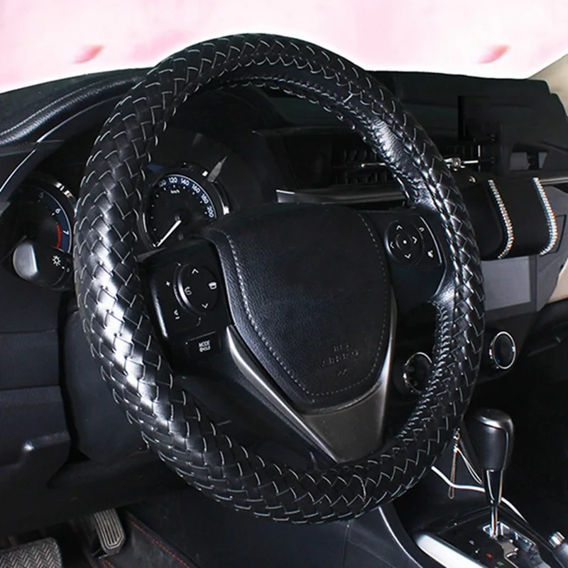 Классическая черная косичка кожаный чехол для рулевого колеса автомобиля ручной работы переплетение авто чехлы на руль противоскользящие вязаные автомобильные аксессуары - Название цвета: BK2-38CM
