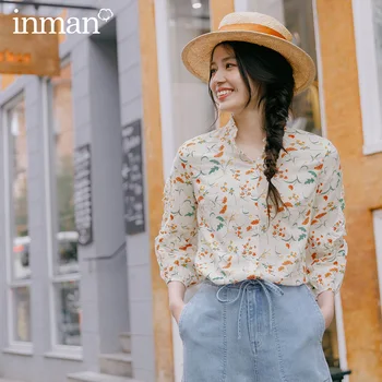 

INMAN 2020 Spring New Arrival Literary Stringy Selvedge Stand Collar Retro Floral Falbala Three Quarter Sleeve Blouse