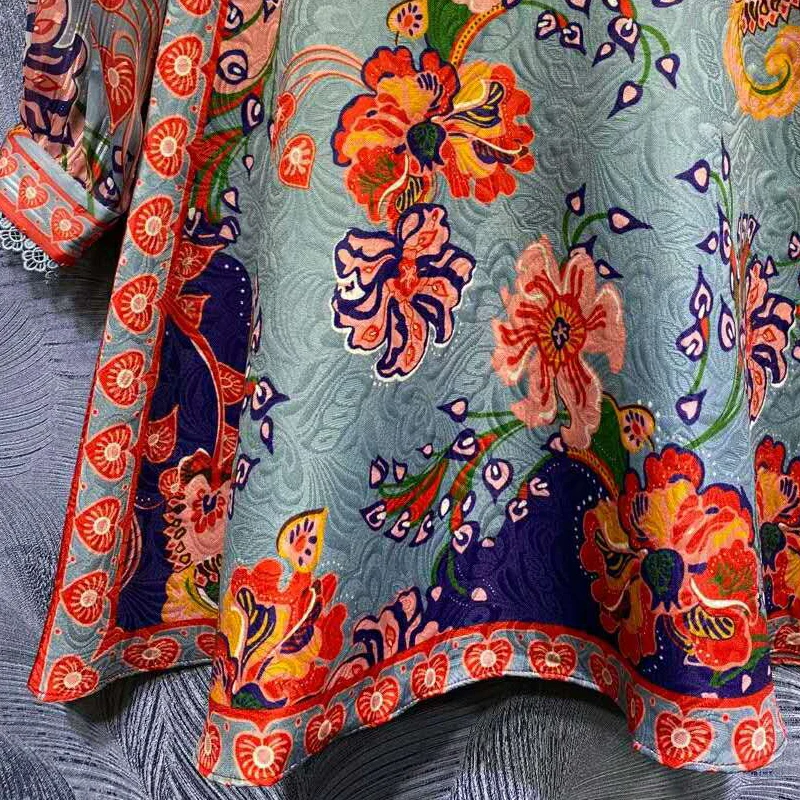 SEQINYY Blue Vintage Dress Flowers Print 2020 Summer Spring New Fashion Design Women Ruffles Luxury Beading Jacquard Runway