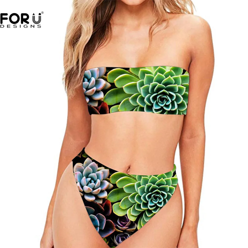 

FORUDESIGNS Starpless Summer Swimsuit Plant Succulent Pattern Women Fashion Bandeau Top 2-Piece Bikini Sets Tube Top Off Shoulde