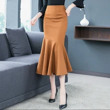 Высокая конец русалка юбка Зима Новые оборки шерстяные юбки для женщин сплошной цвет средней длины Удлиненная юбка сплайсинга коммутированная юбка женская