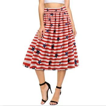 

Women's High Waist Casual Pleated Skirt Ladies Midi Party Skirts Female Stripe Summer Knee Length Elastic Waist Skirt