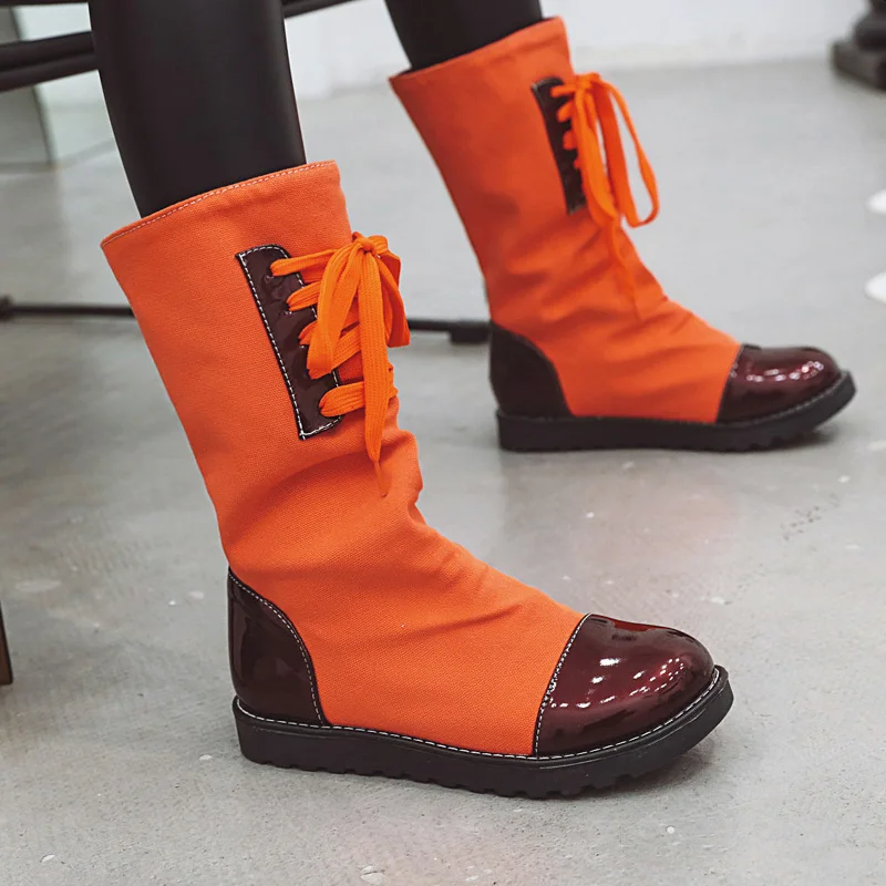Rimocy/женские сапоги до середины икры фиолетового и оранжевого цвета; сезон осень-зима; модные тканевые армейские ботинки; женская обувь на плоской подошве без застежки; большие размеры 34-43