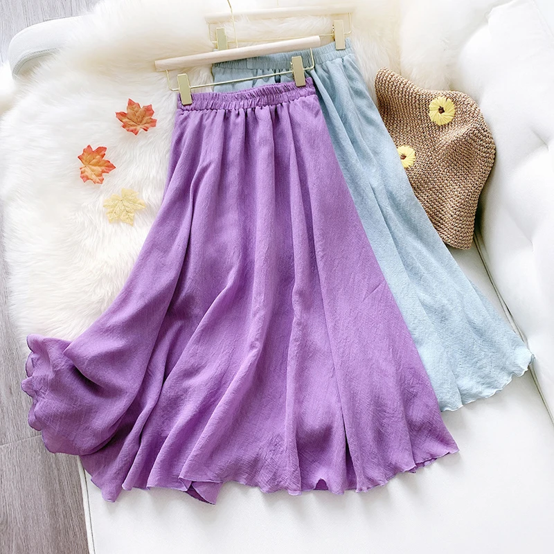 

Wasteheart Summer Purple White Women Skirt High Waist A-Line Long Skirt Mid-Calf Skirts Sexy Skirt Casual Cotton Plus Size