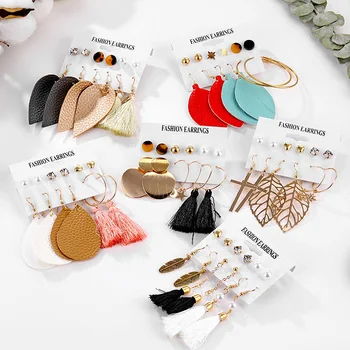 

FNIO Boho Tassel Earrings Set For Women Leaf Leather Earrings Big Geometric Round Drop Earring 2020 kolczyki New Fashion Jewelry