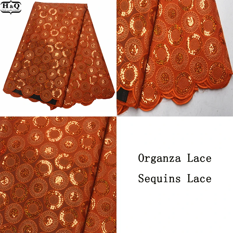 

Orange French Sequins Laces Hollow Design High Quality Embroidery African Tulle Laces With Sequin For Party Dresses