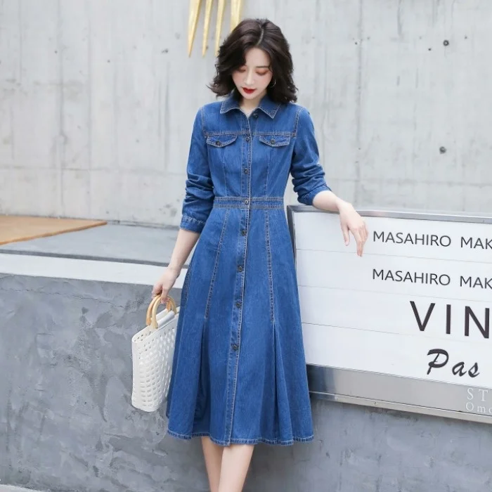 2730 Long Sleeved Denim Dress Women High Waisted Jeans Dress Ladies