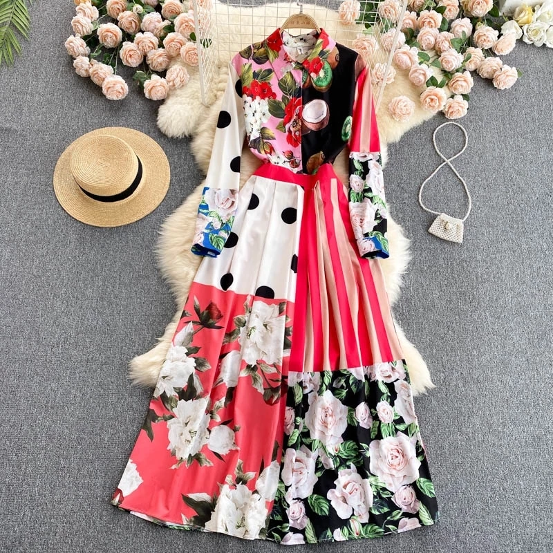 Women's Long Sleeve Boho Flower Print Pleated Holiday Vestidos Autumn Fashion Designer Rose Floral Dot Striped Maxi Dress 8615 | Женская