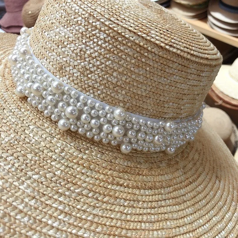 New Handmade Pearl Straw Hat Wild Big 