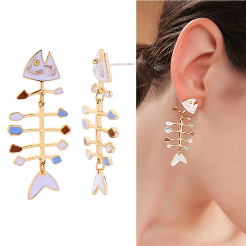 

Unique Fish Drop Earrings Luxury Exquisite Fishbone Fashion Jewelry Multicolor Enamel Dangle Earring For Women Girl Party New