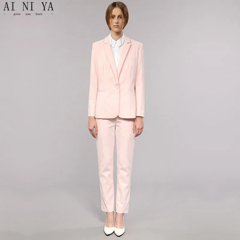 

Light Pink Womens Business Work Suits Female Office Uniform One Button Ladies Formal Trouser Suits 2 Piece Sets Blazer Custom