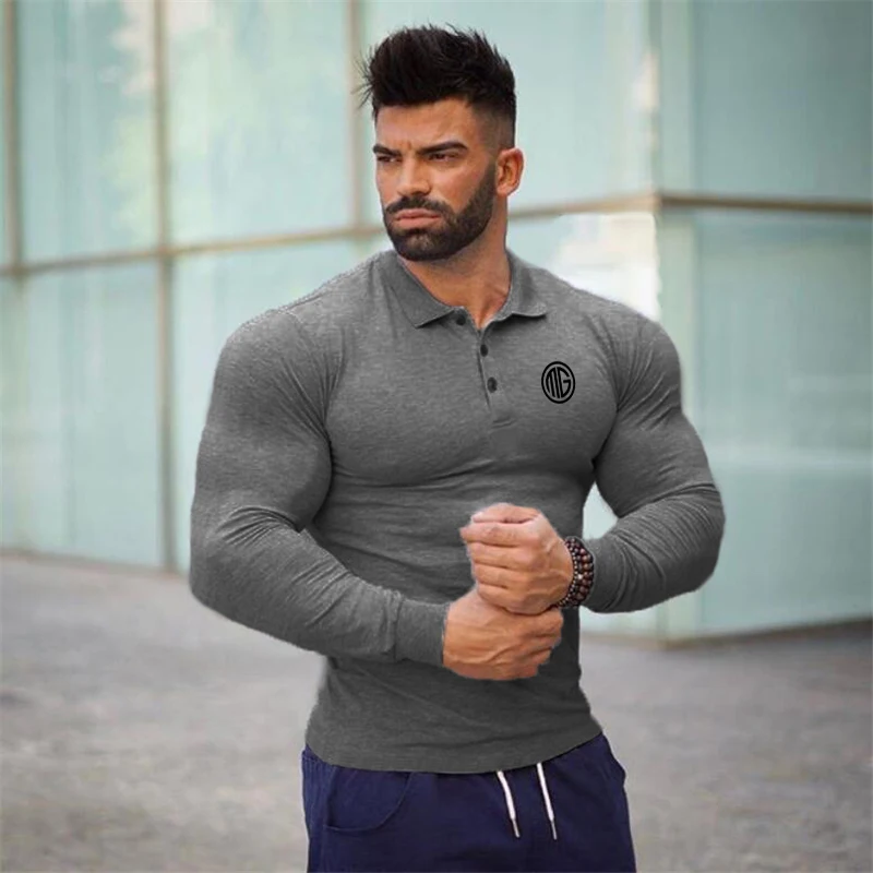 MuscleManSpringFashionLongSleevePoloShirtsMenGymFitnessSlim