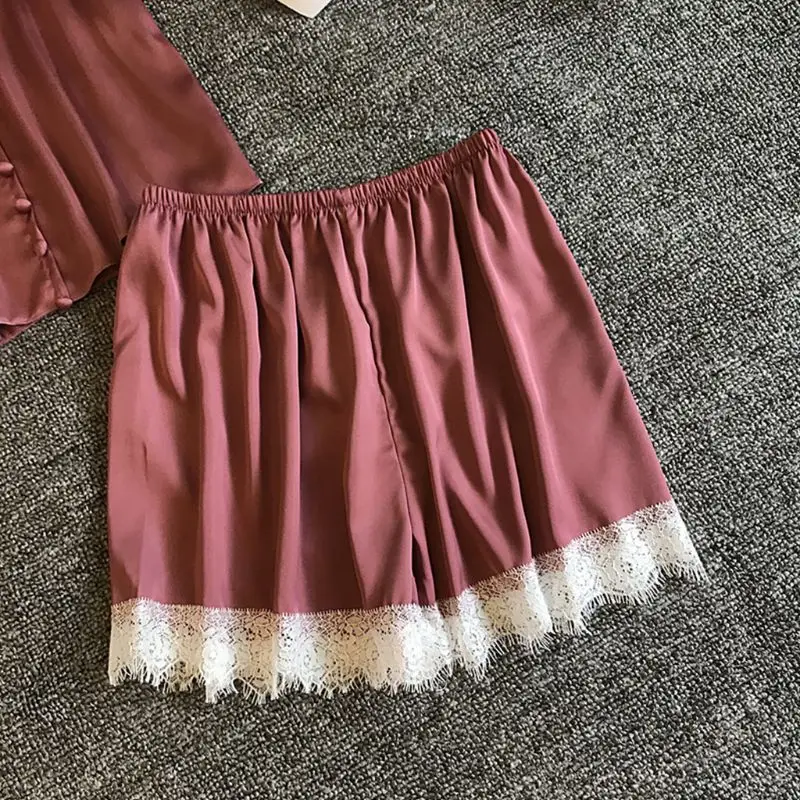Womens Imitation Silk Sexy Lingerie Set Push Up Padded Button Down Camisole Wide Leg Eyelash Lace Shorts Solid Color Nightwear