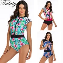 Женский Рашгард сдельный купальник Цветочный купальник для серфинга короткий рукав Рашгард комбинезон Цветочный Монокини Высокая шея пляжная одежда