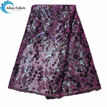 

Alisa Purple Color Lace African Sequins Lace Fabric With Embroidery 5 Yards/pcs Nigerian Lace Fabrics For Sewing Wedding dresses