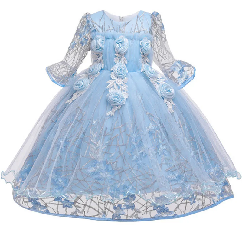 Детское Сетчатое платье принцессы с цветочным рисунком и рукавами на день рождения, мероприятие, вечеринка, платье для девочек от 2 до 10 лет, новогодний костюм - Цвет: Light blue