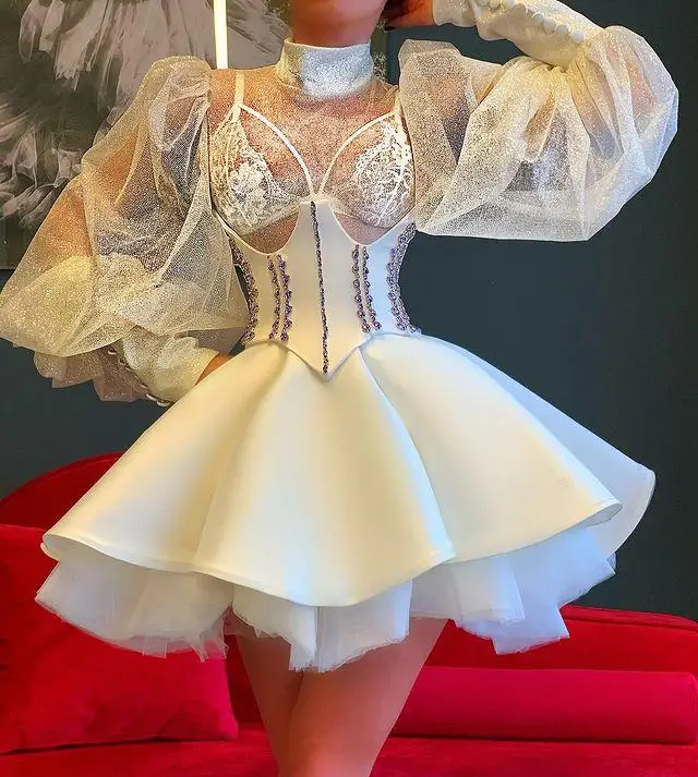 Little White Dress High Neck Short Puffy Prom Dresses Illusion Long Sleeve Aso Ebi Arabic Formal Party Reception Cocktail Gown evening dresses cocktail dress