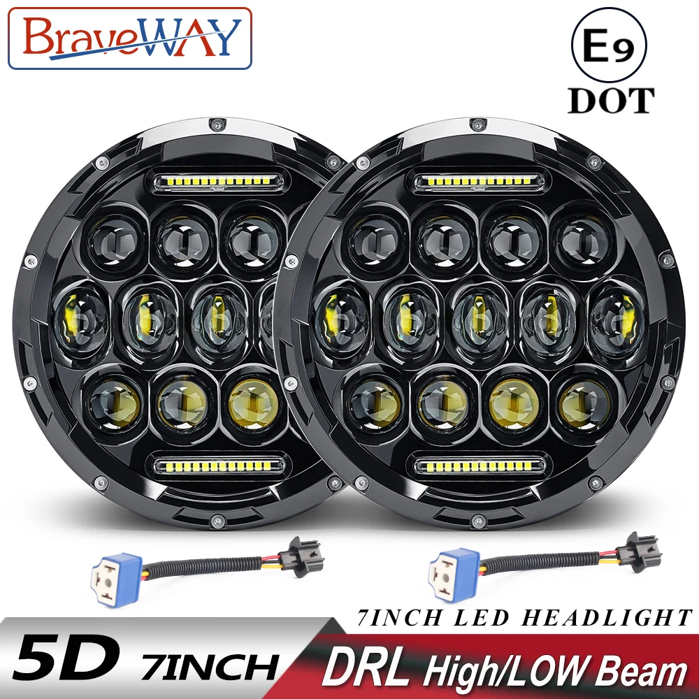 Braveway 7Inch Led Headlights 12V 24V High Low Beam Round DRL Running Lights for Cars Urban Motorcycle Lada Niva Offroad UAZ 4x4 |