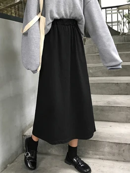 

2020 New Hip Covering Skirt High Waist Mid Length Skirt Spring Student Long Skirt Thin Female Black A-line Skirt