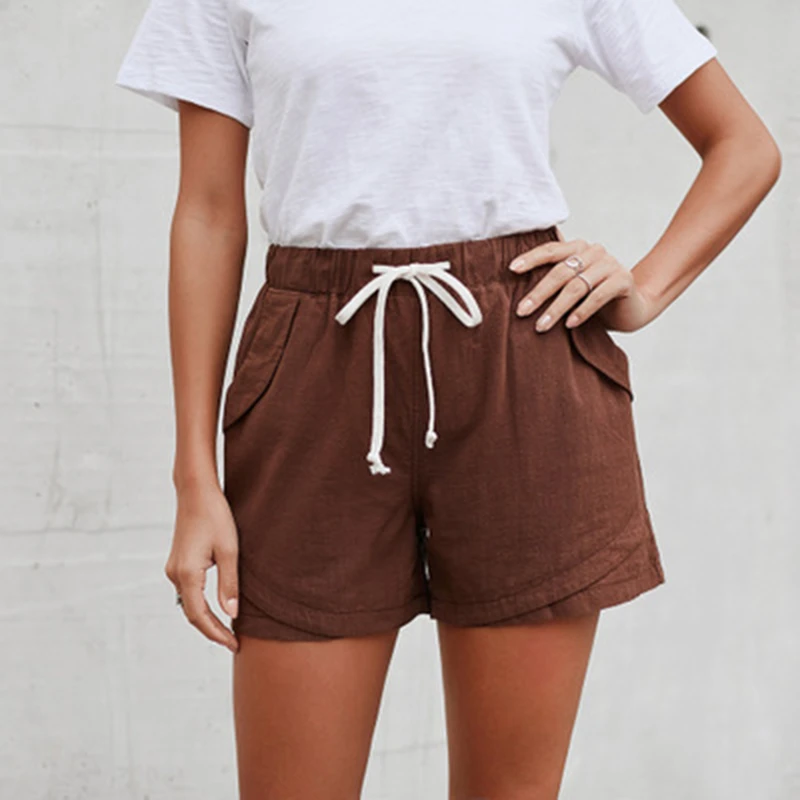 Women Casual Shorts 2020 Summer Solid High Waist Pockets Shorts Fashion Loose Plus Size Drawstring Shorts Female Vestidos