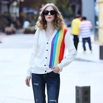 

Women white Cardigan with Rainbow Vertical Striped 2019 autumn New V-neck Single Breasted Cardigan loose Sweater Coat P-218