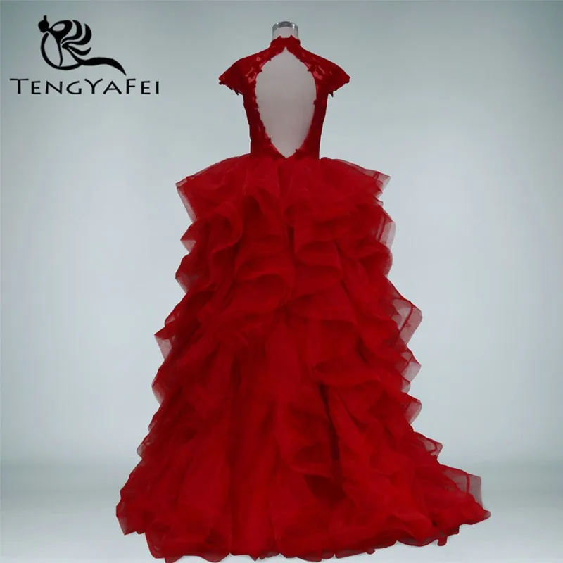 Новое модное платье с оборками и высоким воротом, vestido de novia casamento, пикантное свадебное платье с открытой спиной, Красное Кружевное Платье, платья для матери невесты