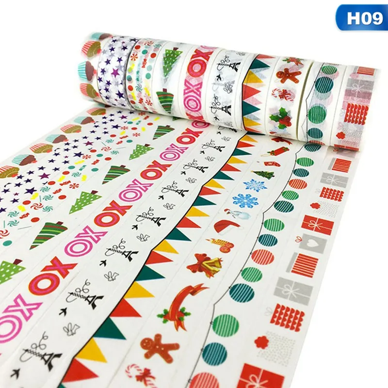 10Pcs Decorative Snow Deer Christmas Tree Washi Tape Set Rice Paper DIY Scrapbooking Adhesive Masking Tape 1.5cm*5m Stationery