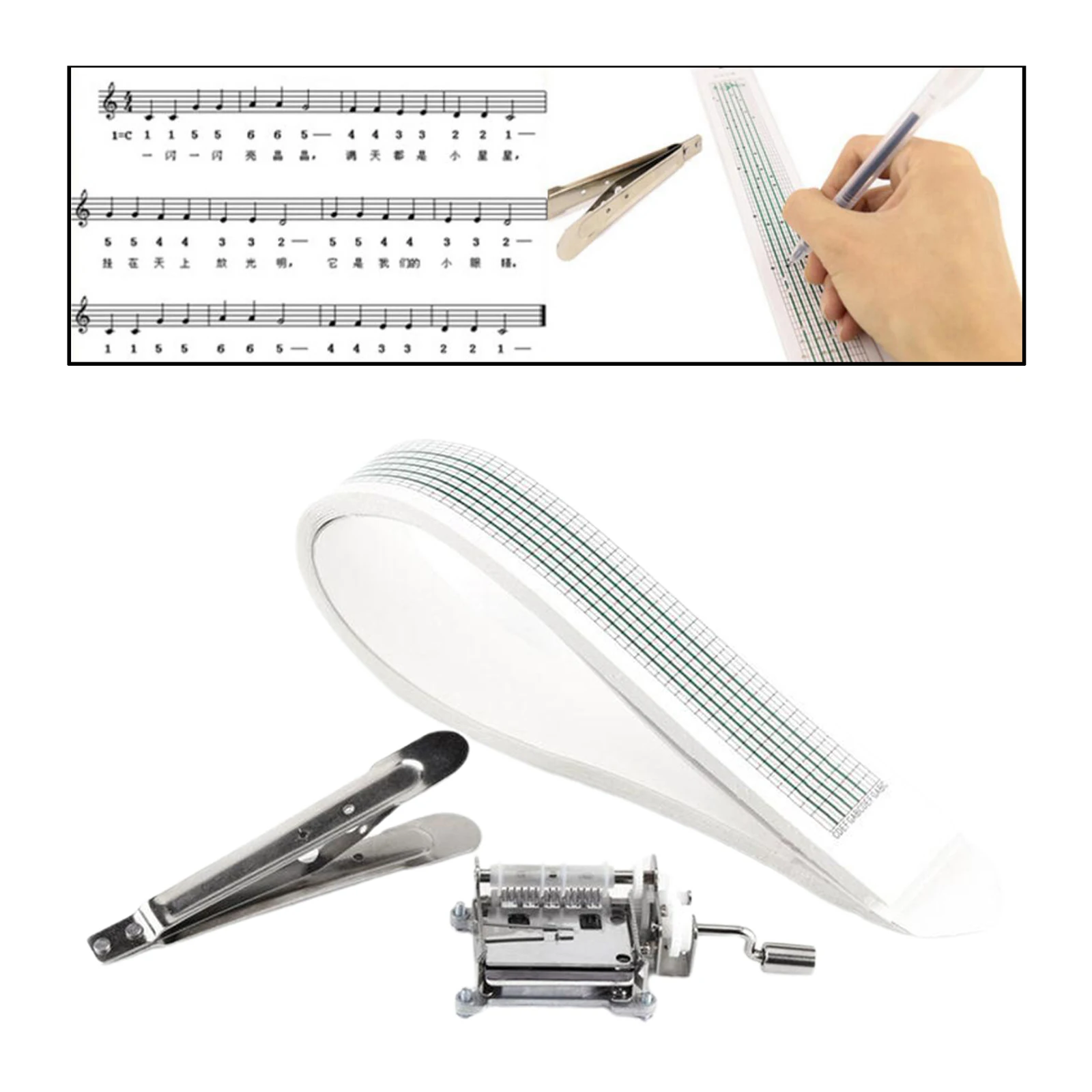 DIY Tune Hand Crank Music Box Movement 15 Note + Hole Puncher + 20 Paper Tapes