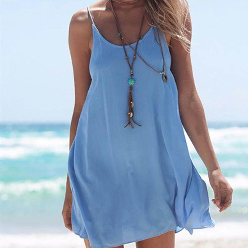chinese dress ladies Women's Backless Bell Sleeve Loose Beach Vacation Dress (Color: Clear Blue, Size: L)