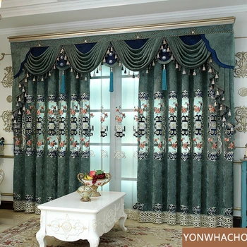 

Custom curtains luxury Chenille Chinese embroidered living room bedroom green cloth blackout curtain valance tulle panel C009
