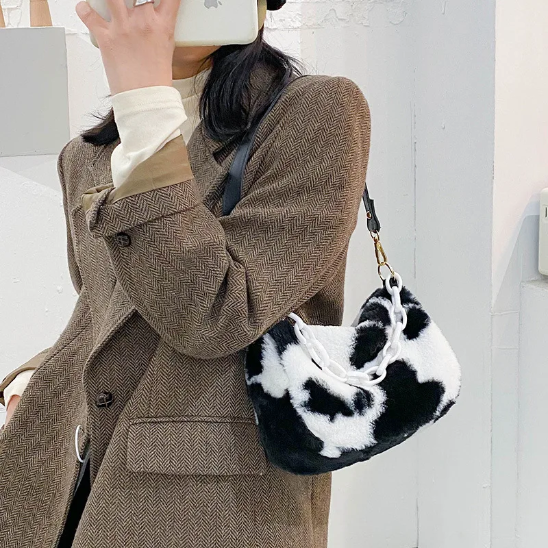 

Elegant Design Contrast Color Women Underarm Bag Soft Plush Ladies Shoulder Bags Simple Animal Pattern Female Purses Handbags